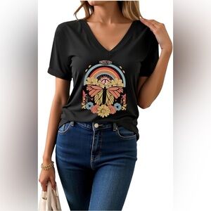 Women's Black V-Neck Roll Tab Short Sleeve Butterfly Graphic Te